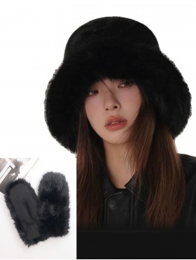 Solid Colour Fuzzy Hat with Brim and Mitten Set (HAT1338BK + GL128701BK)